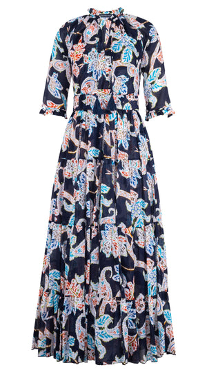 Eva Dress Crew Neck 3/4 Sleeve Maxi Length Cotton Musola (Marseille Paisley Big)