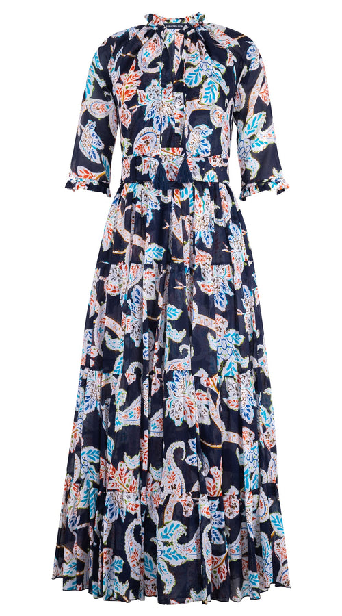 Eva Dress Crew Neck 3/4 Sleeve Maxi Length Cotton Musola (Marseille Paisley Big)