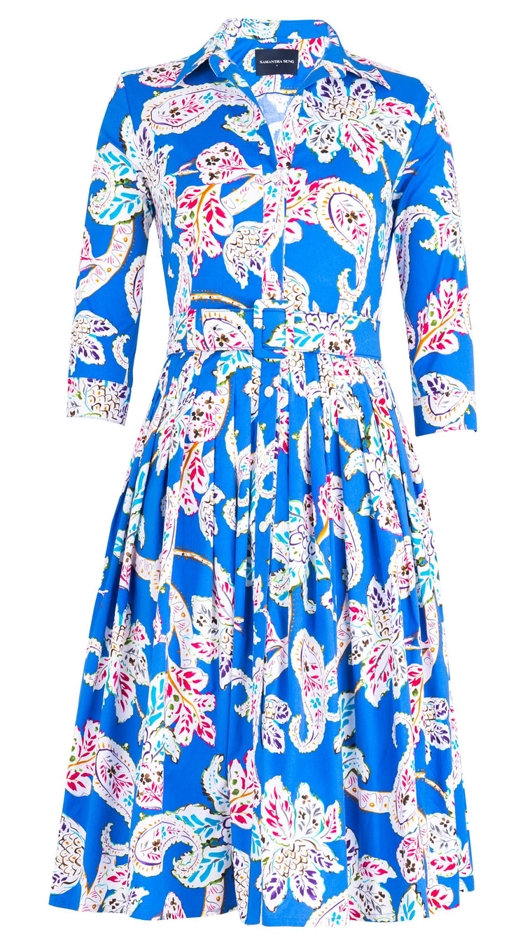 Audrey Dress #2 Shirt Collar 3/4 Sleeve Long Length Cotton Stretch (Safari Toile New)