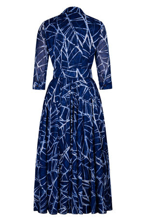 Aster Dress Shirt Collar 3/4 Sleeve Midi Plus Length Cotton Musola (Matisse Leaves)