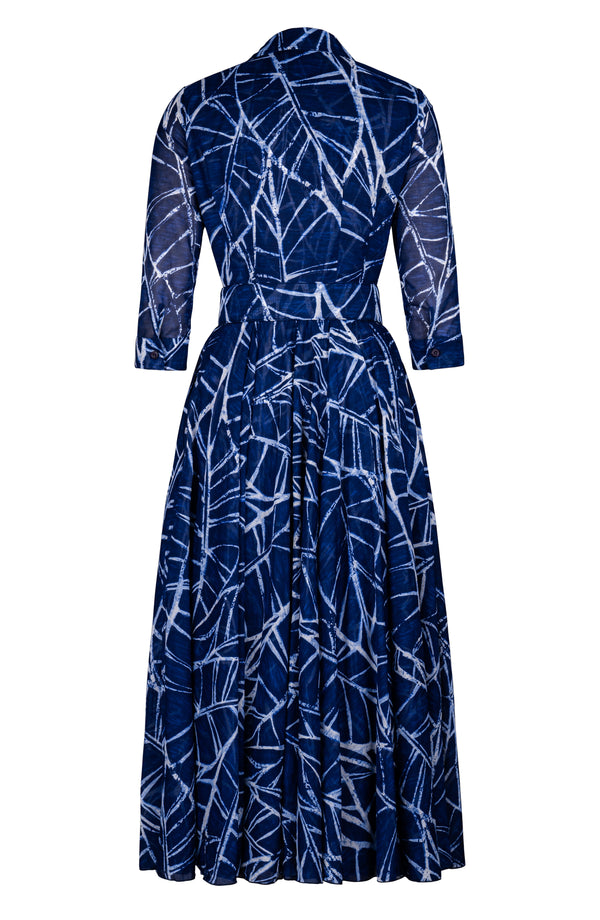 Aster Dress Shirt Collar 3/4 Sleeve Midi Plus Length Cotton Musola (Matisse Leaves)
