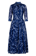 Aster Dress Shirt Collar 3/4 Sleeve Midi Plus Length Cotton Musola (Matisse Leaves)