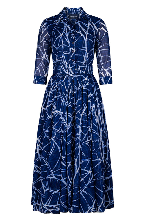 Aster Dress Shirt Collar 3/4 Sleeve Midi Plus Length Cotton Musola (Matisse Leaves)