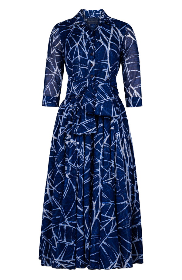 Aster Dress Shirt Collar 3/4 Sleeve Midi Plus Length Cotton Musola (Matisse Leaves)