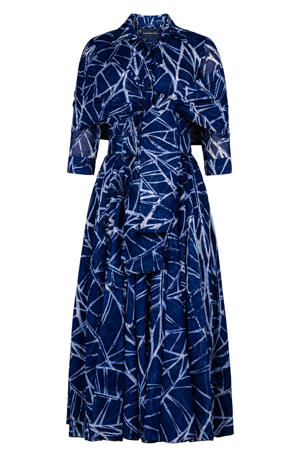 Aster Dress Shirt Collar 3/4 Sleeve Midi Plus Length Cotton Musola (Matisse Leaves)
