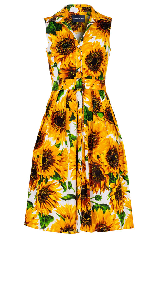 Audrey Dress #2 Shirt Collar Sleeveless Long Length Cotton Stretch (May Sunflower White)