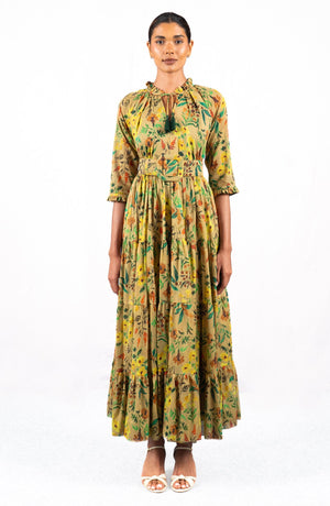 Eva Dress Crew Neck 3/4 Sleeve Maxi Length Cotton Musola (Meadow Flower)