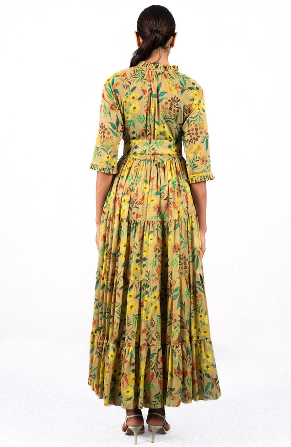 Eva Dress Crew Neck 3/4 Sleeve Maxi Length Cotton Musola (Meadow Flower)