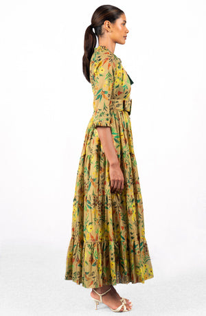 Eva Dress Crew Neck 3/4 Sleeve Maxi Length Cotton Musola (Meadow Flower)