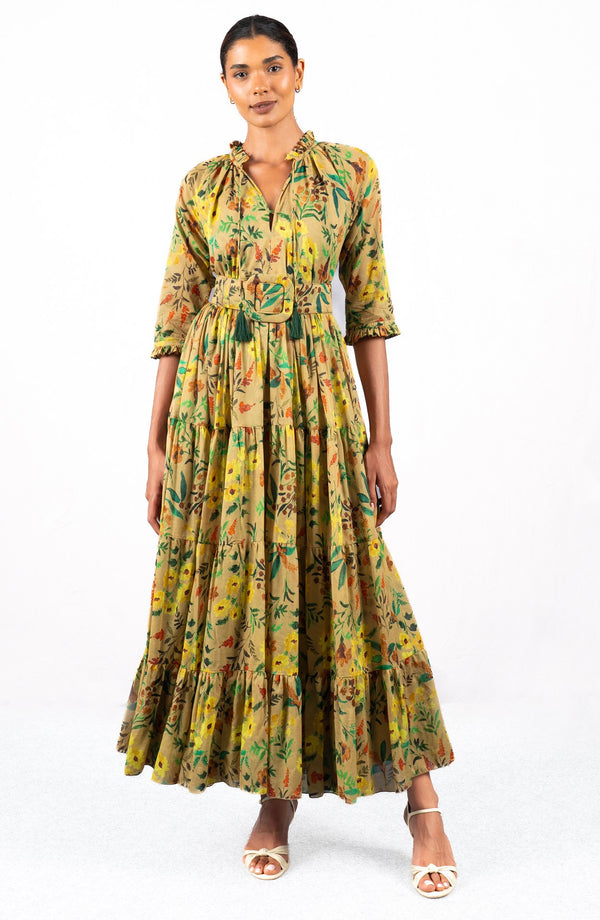 Eva Dress Crew Neck 3/4 Sleeve Maxi Length Cotton Musola (Meadow Flower)
