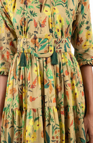 Eva Dress Crew Neck 3/4 Sleeve Maxi Length Cotton Musola (Meadow Flower)