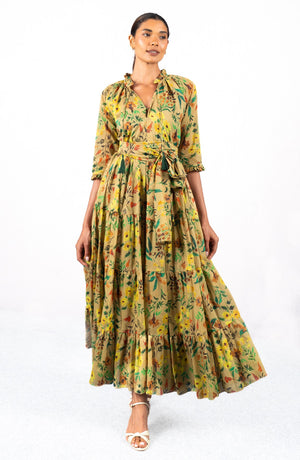 Eva Dress Crew Neck 3/4 Sleeve Maxi Length Cotton Musola (Meadow Flower)