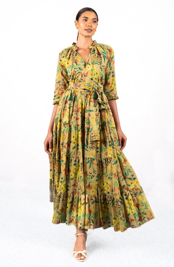 Eva Dress Crew Neck 3/4 Sleeve Maxi Length Cotton Musola (Meadow Flower)