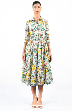 Aster Dress Shirt Collar 3/4 Sleeve Midi Length Cotton Musola (Meadow Flower)