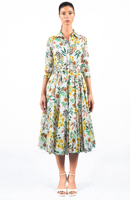 Aster Dress Shirt Collar 3/4 Sleeve Midi Length Cotton Musola (Meadow Flower)