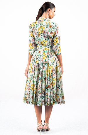 Aster Dress Shirt Collar 3/4 Sleeve Midi Length Cotton Musola (Meadow Flower)