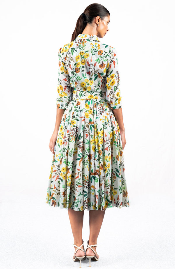 Aster Dress Shirt Collar 3/4 Sleeve Midi Length Cotton Musola (Meadow Flower)