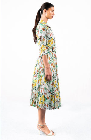 Aster Dress Shirt Collar 3/4 Sleeve Midi Length Cotton Musola (Meadow Flower)