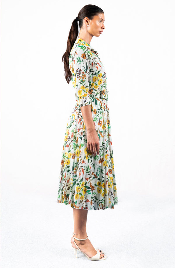 Aster Dress Shirt Collar 3/4 Sleeve Midi Length Cotton Musola (Meadow Flower)