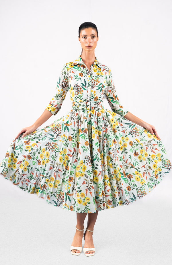 Aster Dress Shirt Collar 3/4 Sleeve Midi Length Cotton Musola (Meadow Flower)