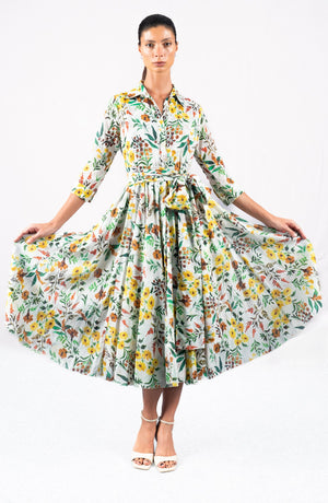 Aster Dress Shirt Collar 3/4 Sleeve Midi Length Cotton Musola (Meadow Flower)
