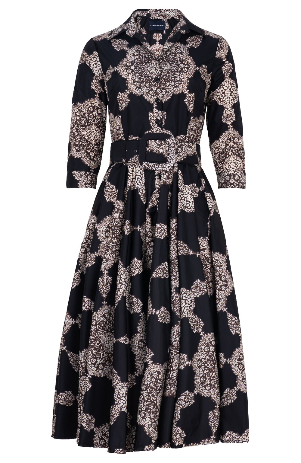 Aster Dress Shirt Collar 3/4 Sleeve Midi Length Poliamide Taffta (Medallion Paisley Dark)