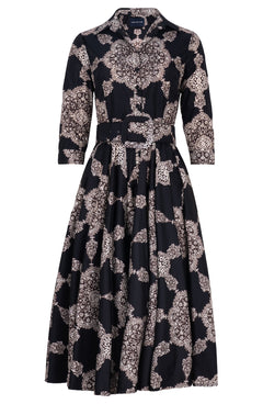 Aster Dress Shirt Collar 3/4 Sleeve Midi Length Poliamide Taffta (Medallion Paisley Dark)