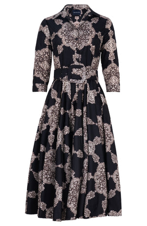 Aster Dress Shirt Collar 3/4 Sleeve Midi Length Poliamide Taffta (Medallion Paisley Dark)