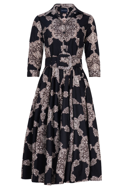 Aster Dress Shirt Collar 3/4 Sleeve Midi Length Poliamide Taffta (Medallion Paisley Dark)