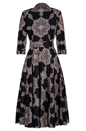 Aster Dress Shirt Collar 3/4 Sleeve Midi Length Poliamide Taffta (Medallion Paisley Dark)