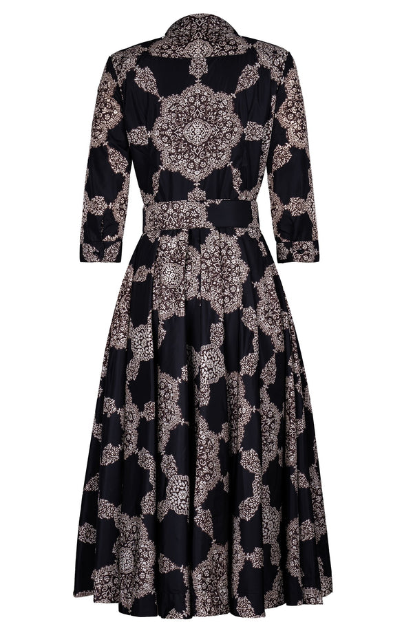Aster Dress Shirt Collar 3/4 Sleeve Midi Length Poliamide Taffta (Medallion Paisley Dark)