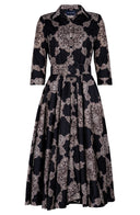 Aster Dress Shirt Collar 3/4 Sleeve Midi Length Poliamide Taffta (Medallion Paisley Dark)