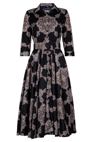 Aster Dress Shirt Collar 3/4 Sleeve Midi Length Poliamide Taffta (Medallion Paisley Dark)