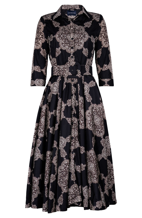 Aster Dress Shirt Collar 3/4 Sleeve Midi Length Poliamide Taffta (Medallion Paisley Dark)
