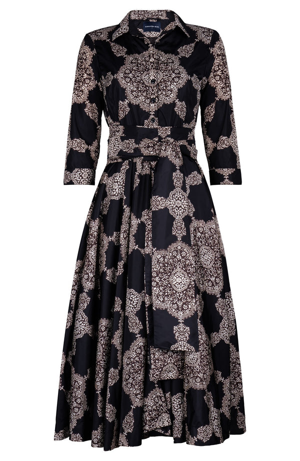 Aster Dress Shirt Collar 3/4 Sleeve Midi Length Poliamide Taffta (Medallion Paisley Dark)
