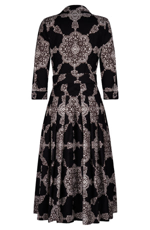 Audrey Dress #2 Shirt Collar 3/4 Sleeve Midi Length Cotton Stretch (Medallion Paisley Dark)