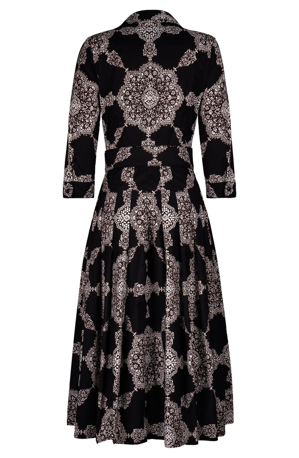 Audrey Dress #2 Shirt Collar 3/4 Sleeve Midi Length Cotton Stretch (Medallion Paisley Dark)