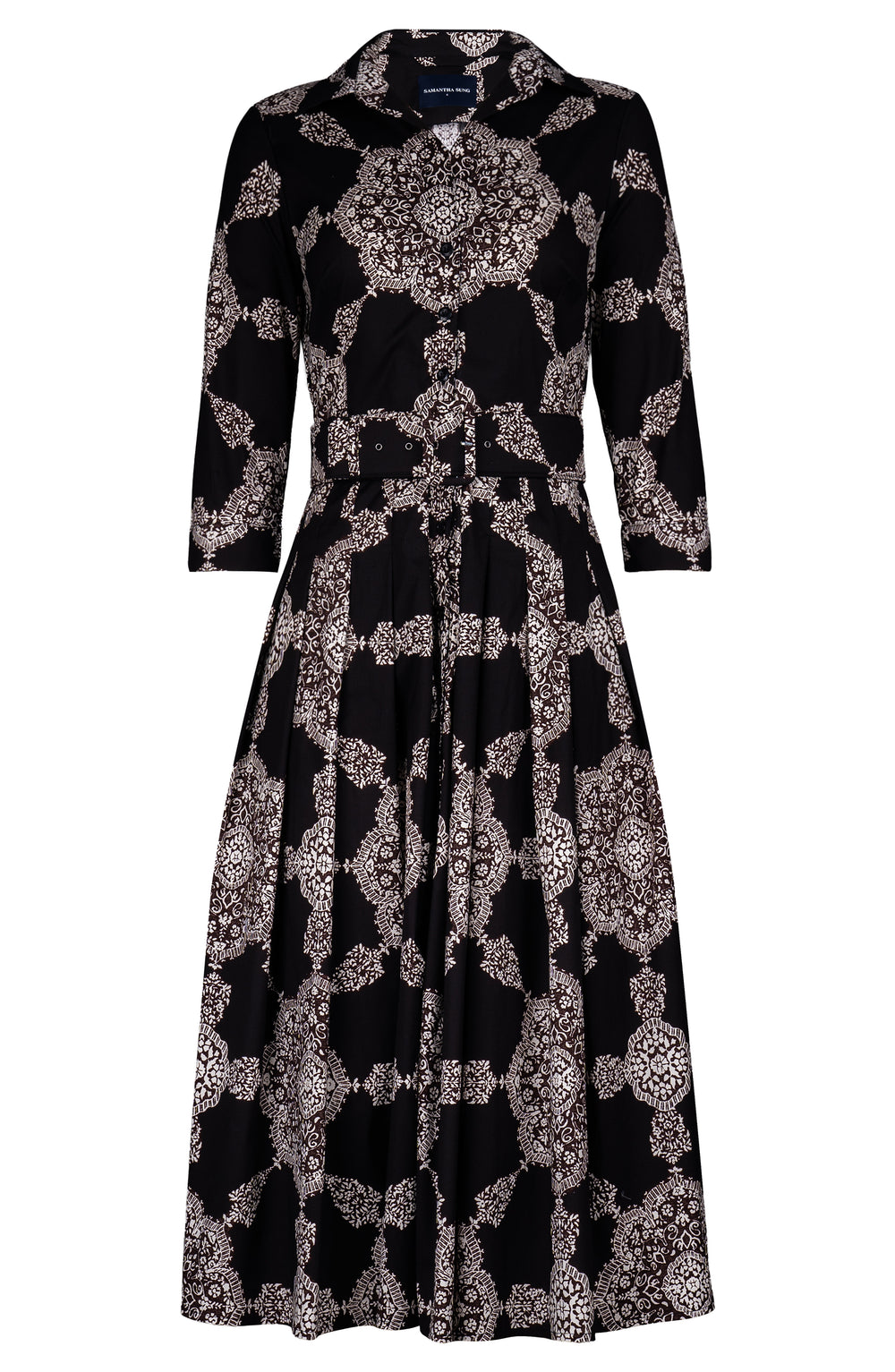 Audrey Dress #2 Shirt Collar 3/4 Sleeve Midi Length Cotton Stretch (Medallion Paisley Dark)
