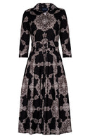 Audrey Dress #2 Shirt Collar 3/4 Sleeve Midi Length Cotton Stretch (Medallion Paisley Dark)