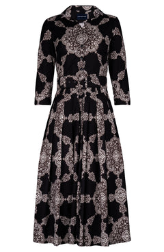 Audrey Dress #2 Shirt Collar 3/4 Sleeve Midi Length Cotton Stretch (Medallion Paisley Dark)