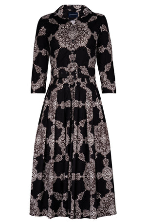 Audrey Dress #2 Shirt Collar 3/4 Sleeve Midi Length Cotton Stretch (Medallion Paisley Dark)