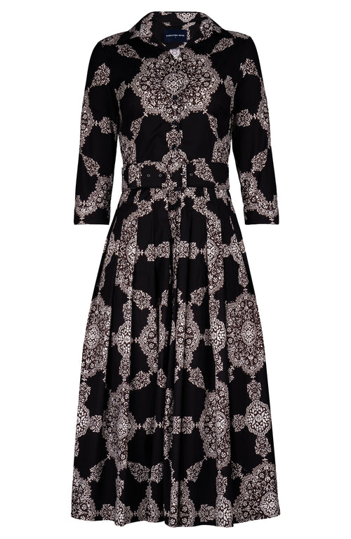 Audrey Dress #2 Shirt Collar 3/4 Sleeve Midi Length Cotton Stretch (Medallion Paisley Dark)