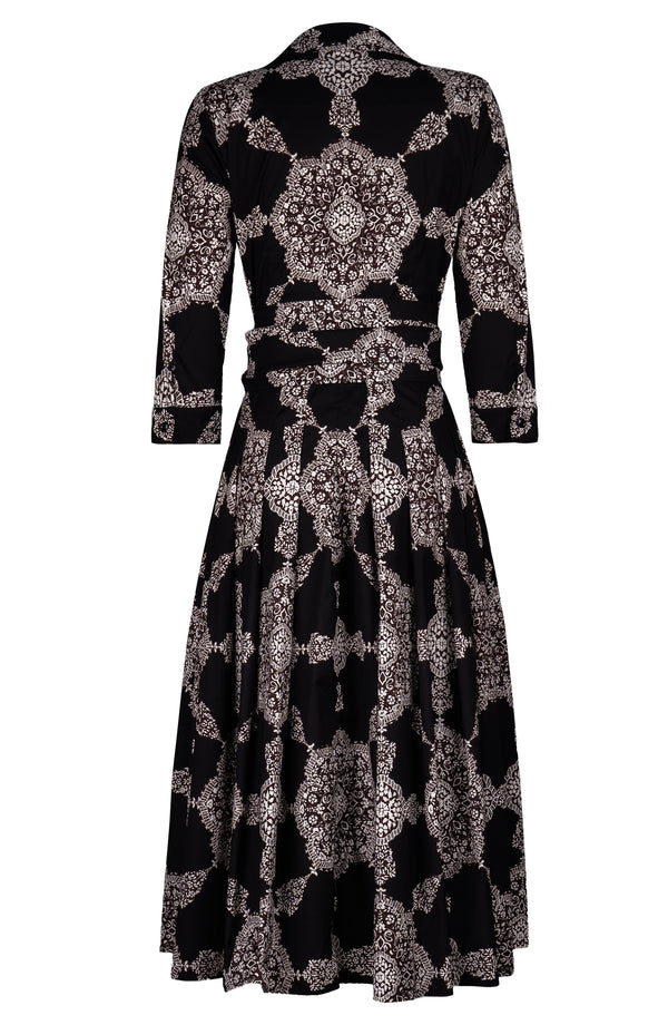 Audrey Dress #2 Shirt Collar 3/4 Sleeve Midi Length Cotton Stretch (Medallion Paisley Dark)