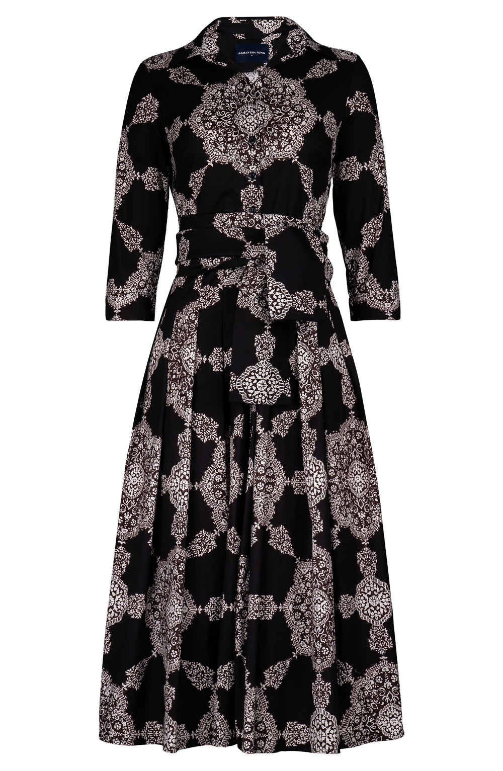 Audrey Dress #2 Shirt Collar 3/4 Sleeve Midi Length Cotton Stretch (Medallion Paisley Dark)