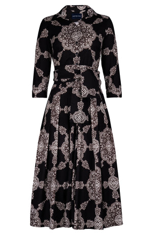 Audrey Dress #2 Shirt Collar 3/4 Sleeve Midi Length Cotton Stretch (Medallion Paisley Dark)