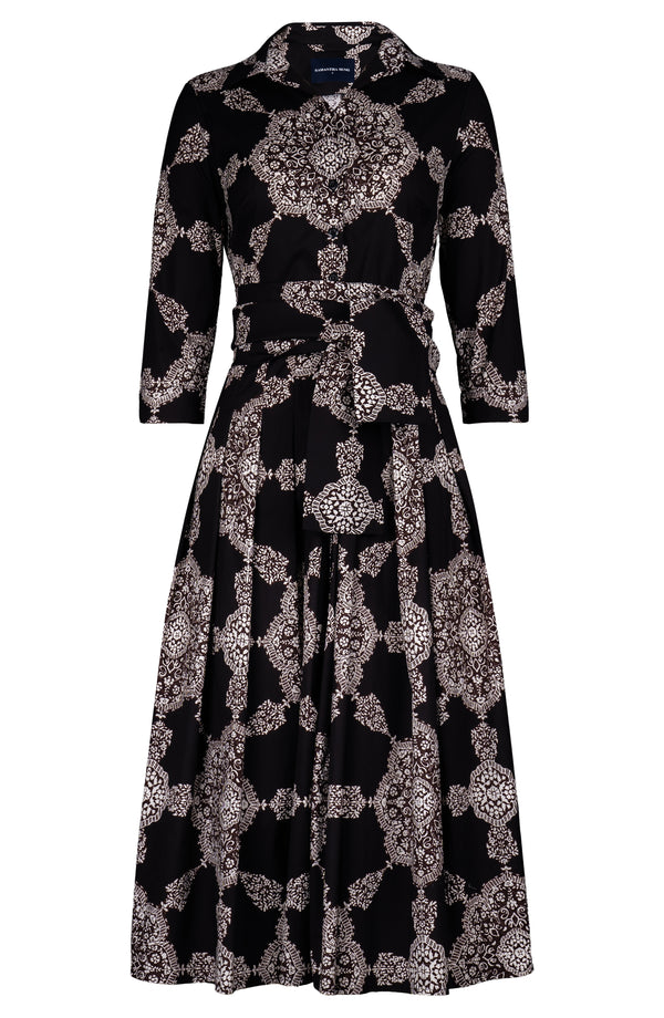Audrey Dress #2 Shirt Collar 3/4 Sleeve Midi Length Cotton Stretch (Medallion Paisley Dark)