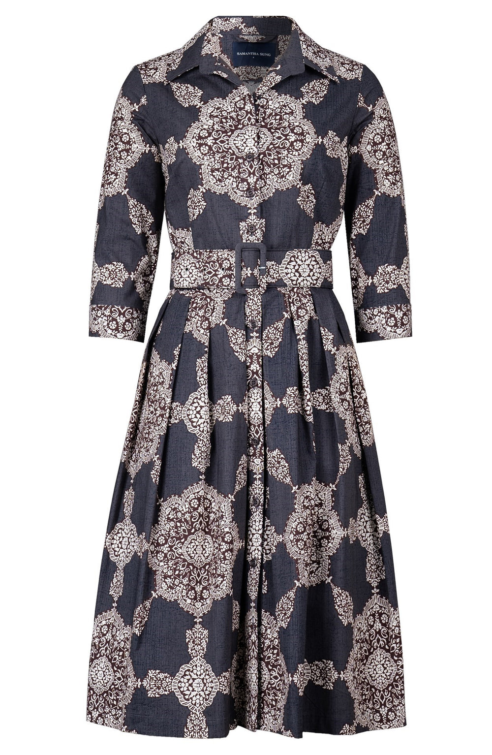 Audrey Dress #1 Shirt Collar 3/4 Sleeve Long Length Cotton Stretch (Medallion Paisley Dark)