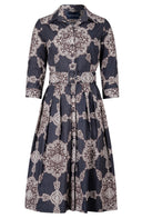 Audrey Dress #1 Shirt Collar 3/4 Sleeve Long Length Cotton Stretch (Medallion Paisley Dark)