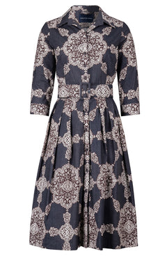 Audrey Dress #1 Shirt Collar 3/4 Sleeve Long Length Cotton Stretch (Medallion Paisley Dark)