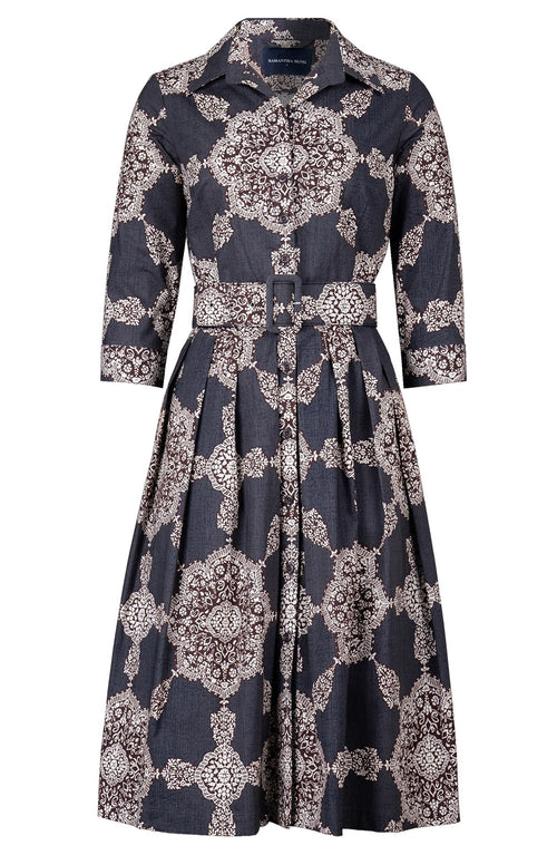 Audrey Dress #1 Shirt Collar 3/4 Sleeve Long Length Cotton Stretch (Medallion Paisley Dark)